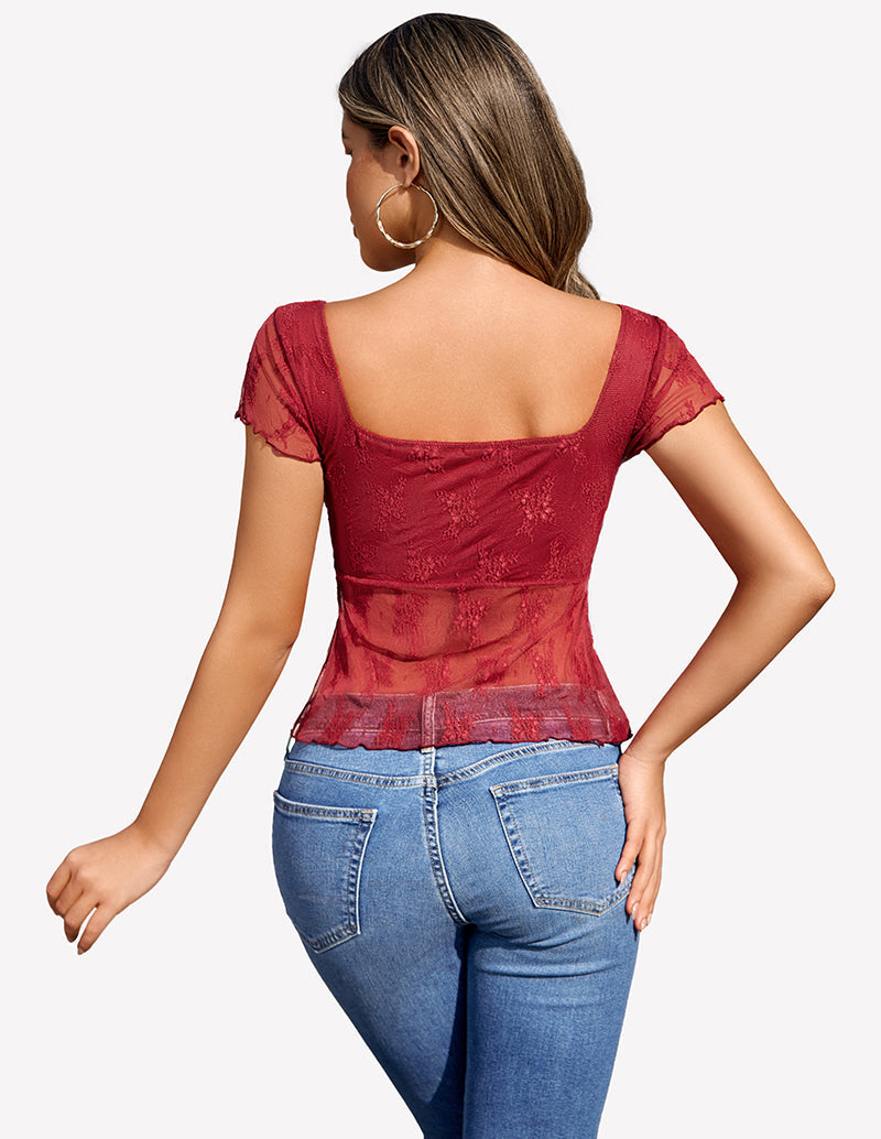 Lace Mesh Short Sleeve Floral Shirt Lingeries-Crop tops - Tophatter Daily Deals