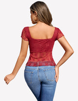 Lace Mesh Short Sleeve Floral Shirt Lingeries-Crop tops - Tophatter Daily Deals