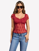 Lace Mesh Short Sleeve Floral Shirt Wine Red Lingeries-Crop tops - Tophatter Daily Deals