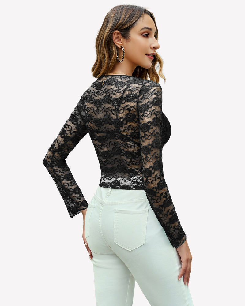 Mesh Long Sleeve Blouse Floral Lace Top Lingeries-Crop tops - Tophatter Daily Deals
