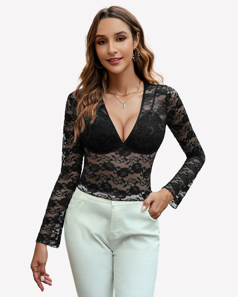 Mesh Long Sleeve Blouse Floral Lace Top Black Lingeries-Crop tops - Tophatter Daily Deals