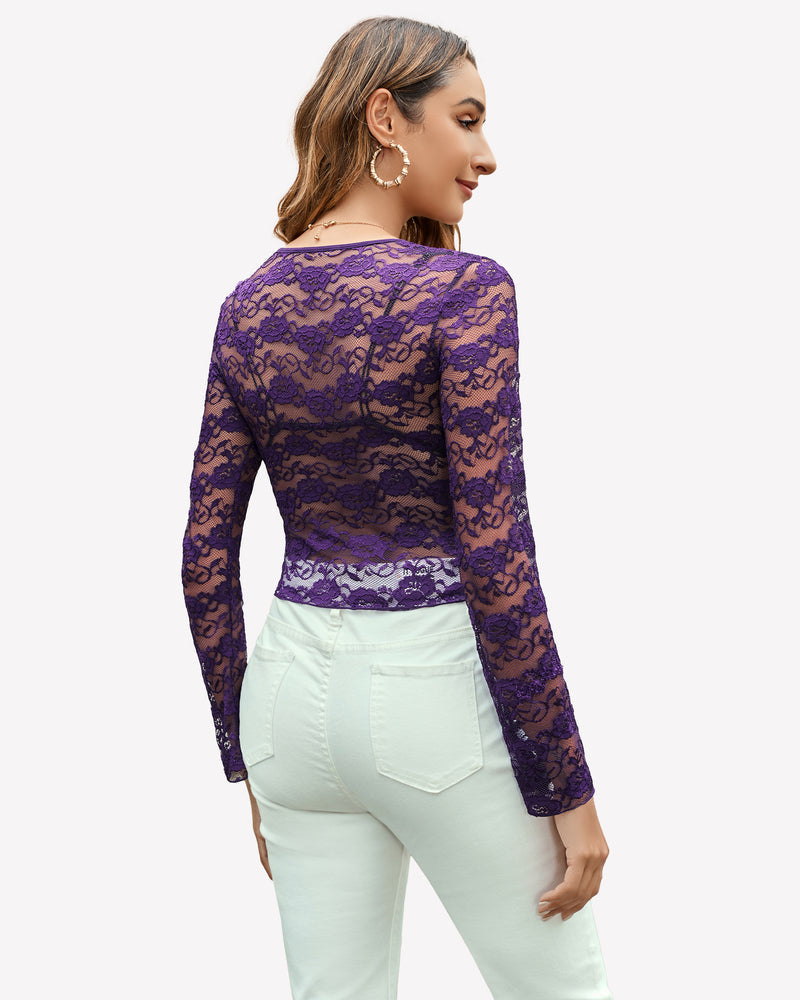 Mesh Long Sleeve Blouse Floral Lace Top Lingeries-Crop tops - Tophatter Daily Deals