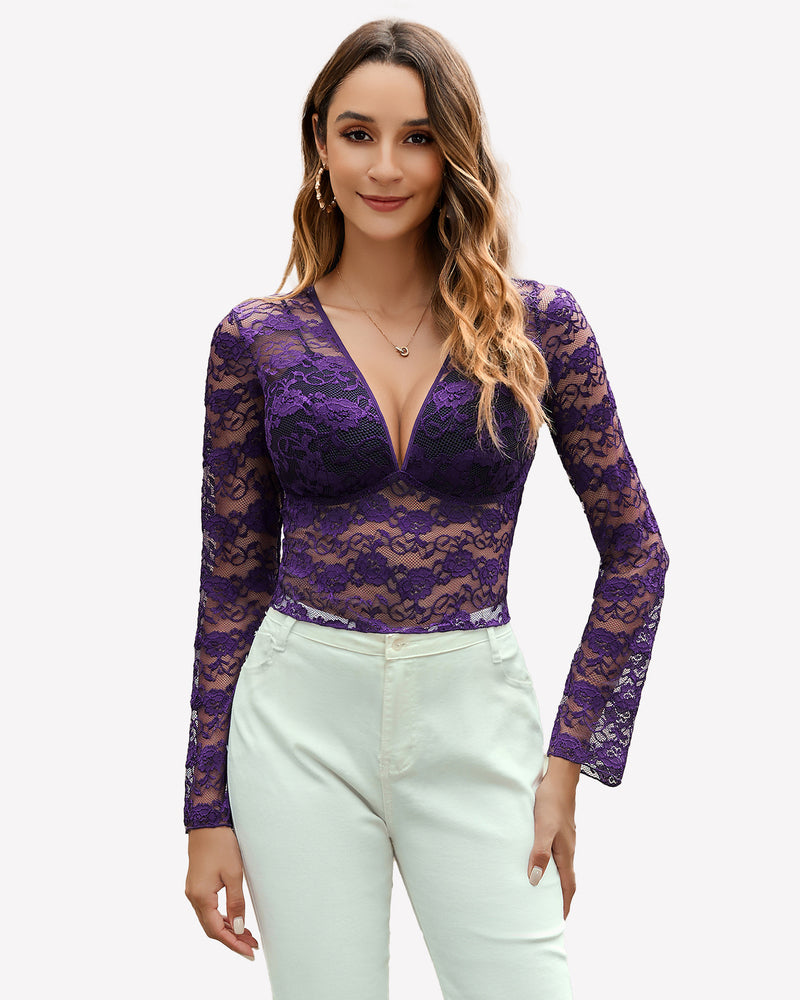 Mesh Long Sleeve Blouse Floral Lace Top Purple Lingeries-Crop tops - Tophatter Daily Deals