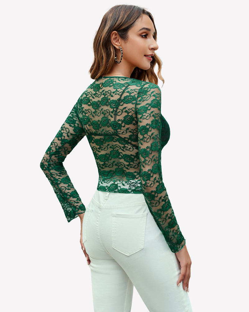 Mesh Long Sleeve Blouse Floral Lace Top Lingeries-Crop tops - Tophatter Daily Deals