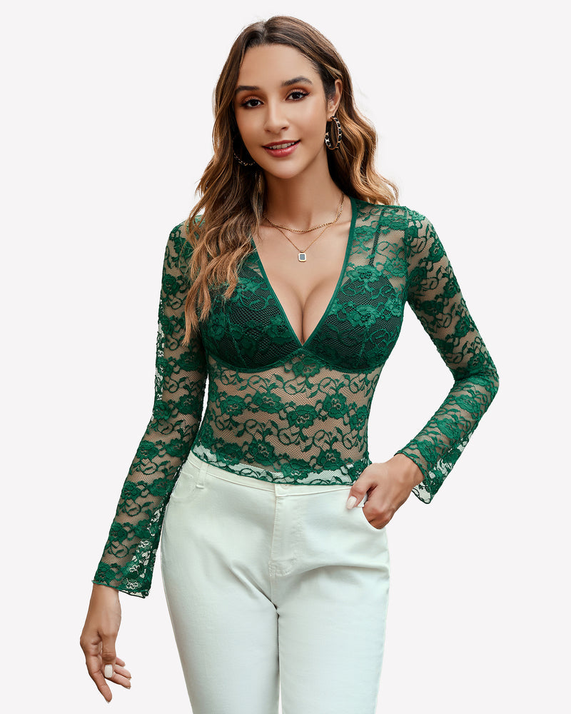 Mesh Long Sleeve Blouse Floral Lace Top Lake Green Lingeries-Crop tops - Tophatter Daily Deals