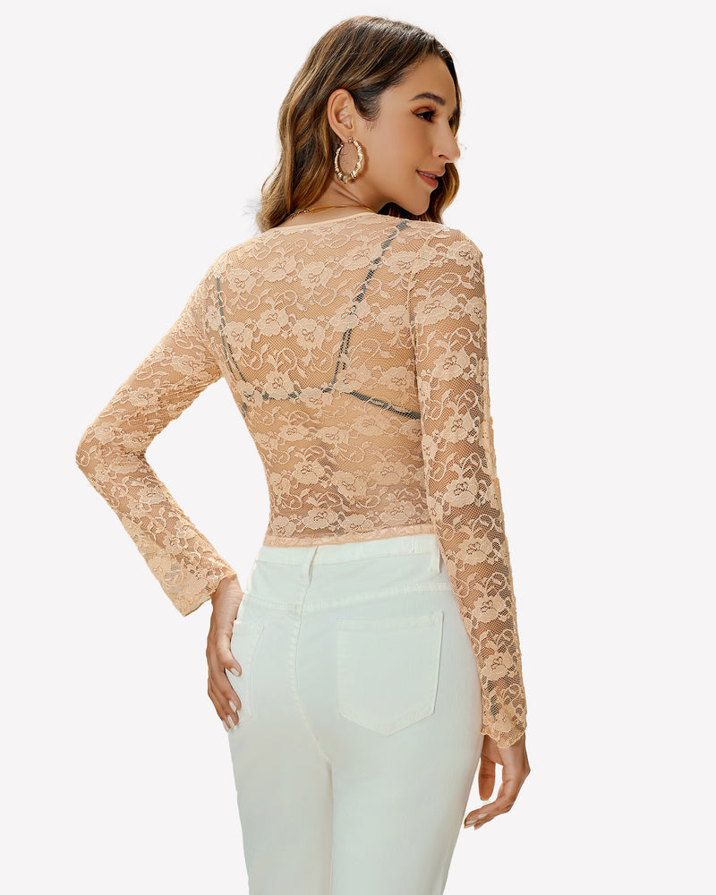 Mesh Long Sleeve Blouse Floral Lace Top Lingeries-Crop tops - Tophatter Daily Deals