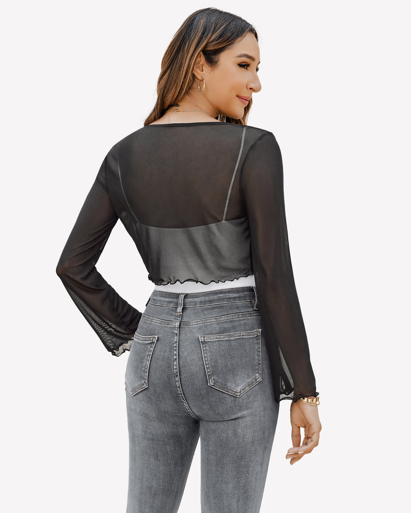 Sheer Shrug Tie Front Mesh Shawl Top Lingeries-Crop tops - Tophatter Daily Deals