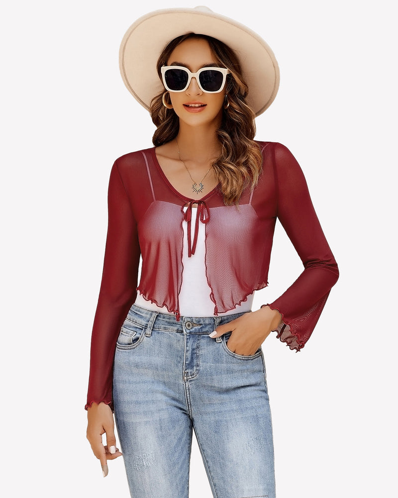 Sheer Shrug Tie Front Mesh Shawl Top Wine Red Lingeries-Crop tops - Tophatter Daily Deals