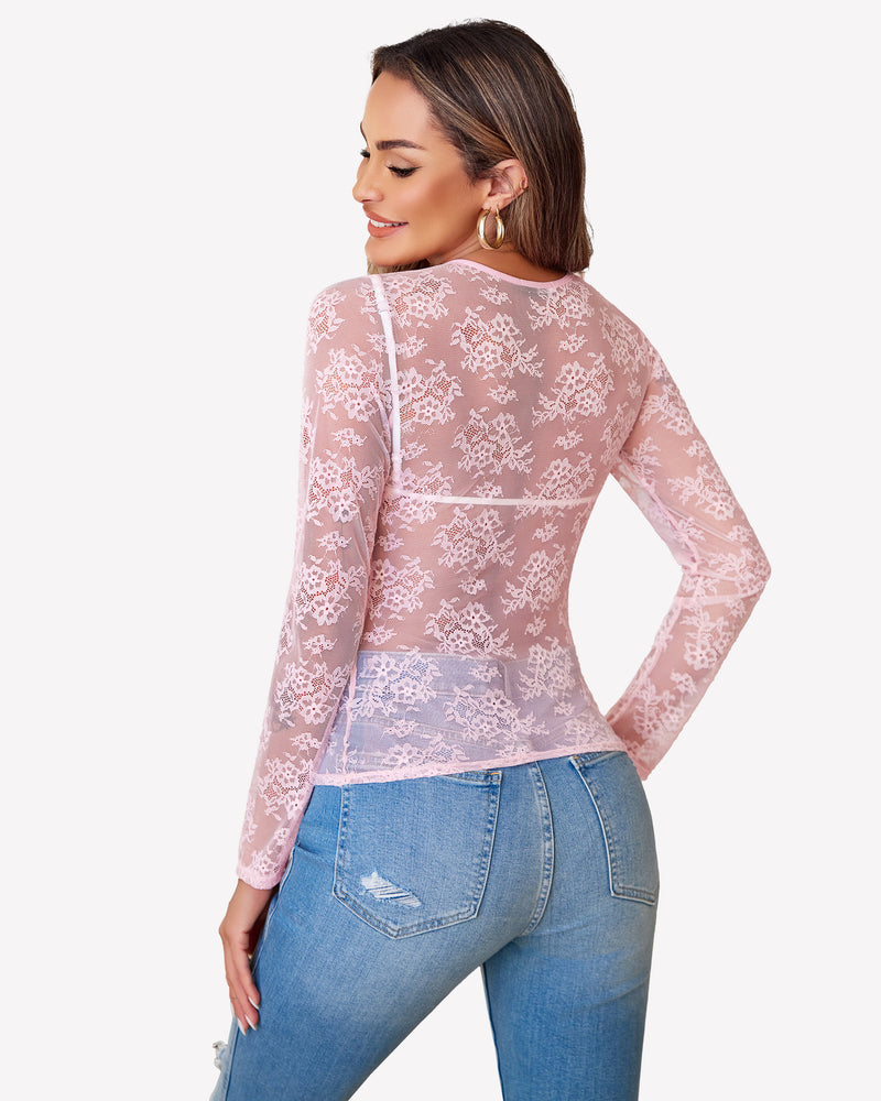 Lace Mesh Top Long Sleeve Sheer Blouse Lingeries-Crop tops - Tophatter Daily Deals