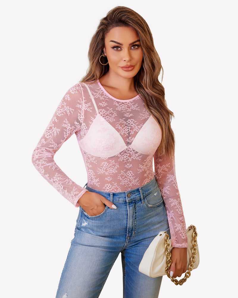 Lace Mesh Top Long Sleeve Sheer Blouse Pink Lingeries-Crop tops - Tophatter Daily Deals