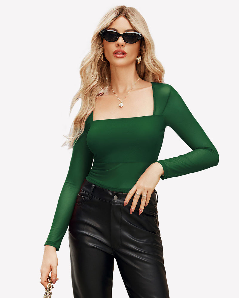 Square Neck Sheer Blouse with Lining Green Lingeries-Crop tops - Tophatter Daily Deals