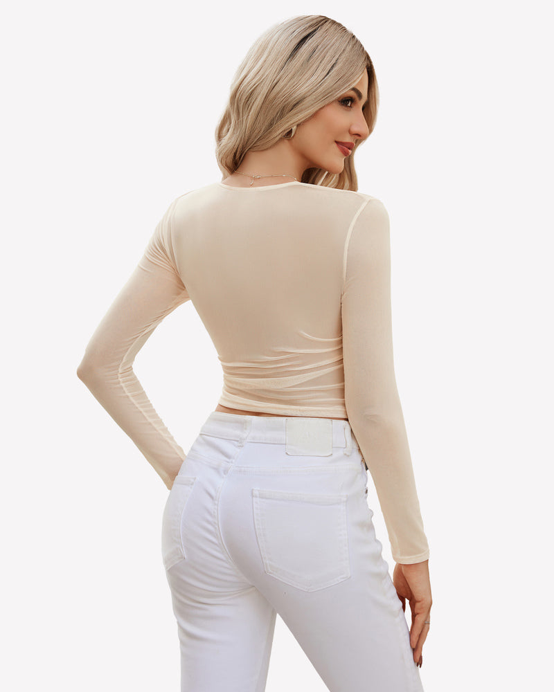Square Neck Sheer Blouse with Lining Lingeries-Crop tops - Tophatter Daily Deals