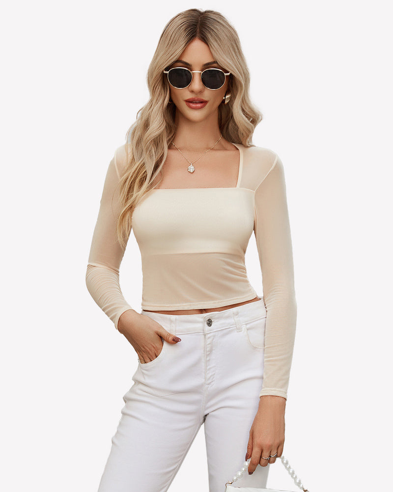 Square Neck Sheer Blouse with Lining Champagne Lingeries-Crop tops - Tophatter Daily Deals