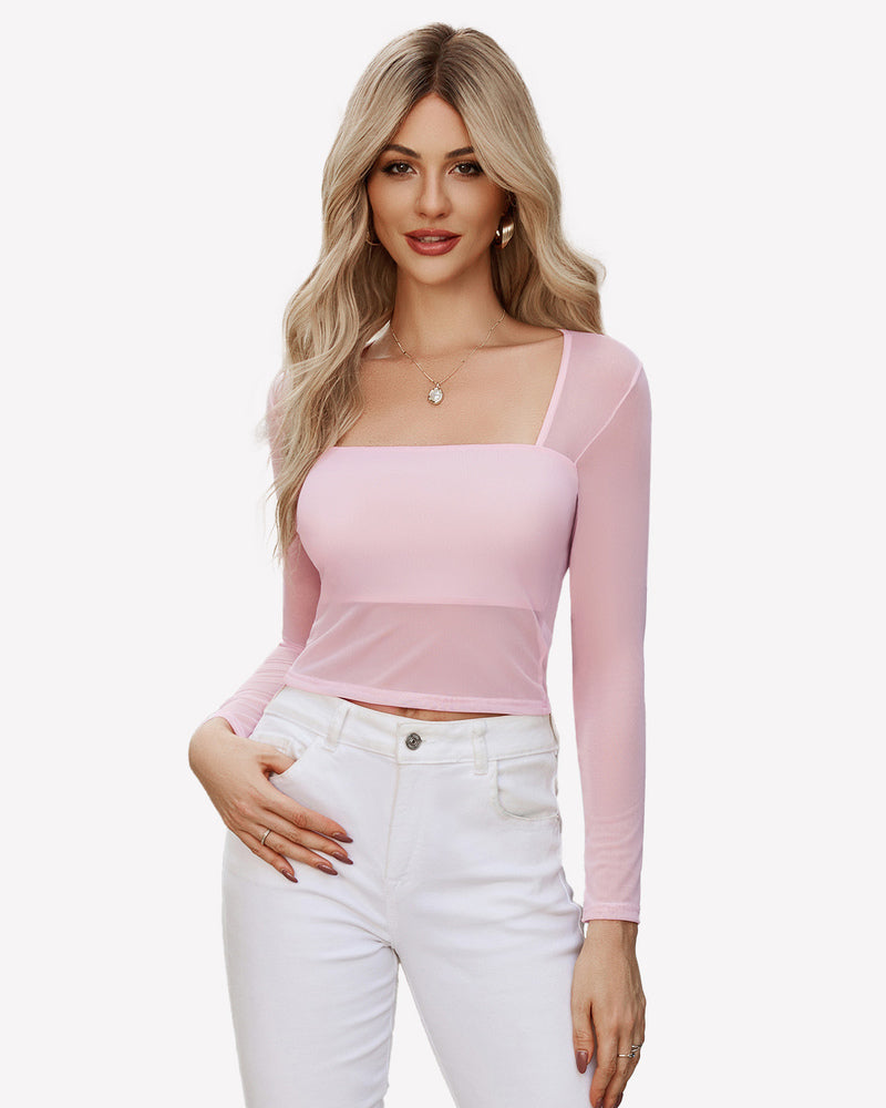 Square Neck Sheer Blouse with Lining Pink Lingeries-Crop tops - Tophatter Daily Deals