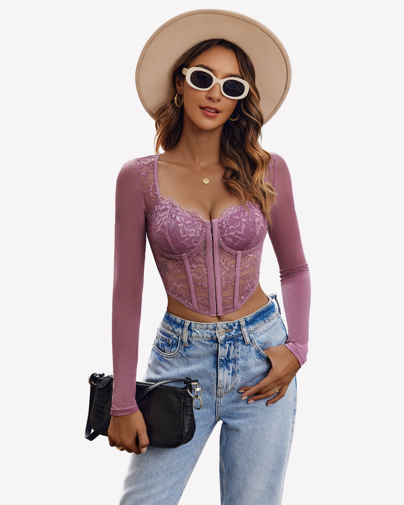 Lace Crop Top Long Sleeve Sheer Blouse Burgundy Lingeries-Crop tops - Tophatter Daily Deals