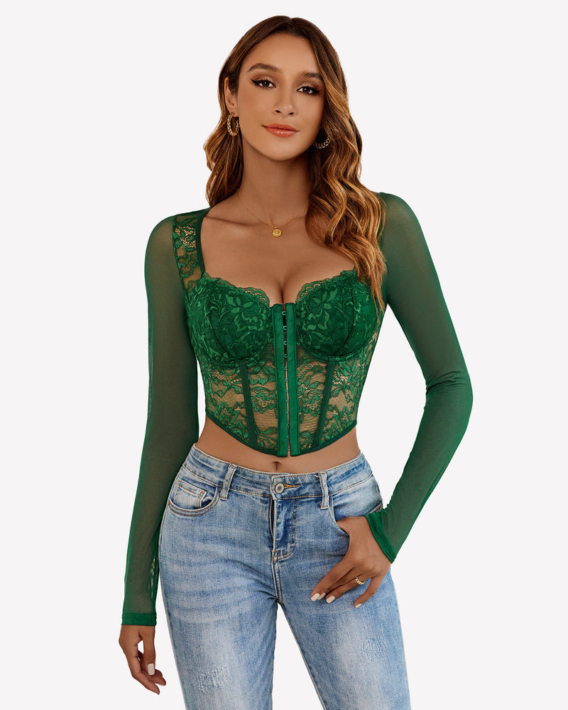 Lace Crop Top Long Sleeve Sheer Blouse Lingeries-Crop tops - Tophatter Daily Deals