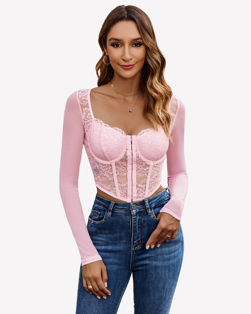 Lace Crop Top Long Sleeve Sheer Blouse Pink Lingeries-Crop tops - Tophatter Daily Deals