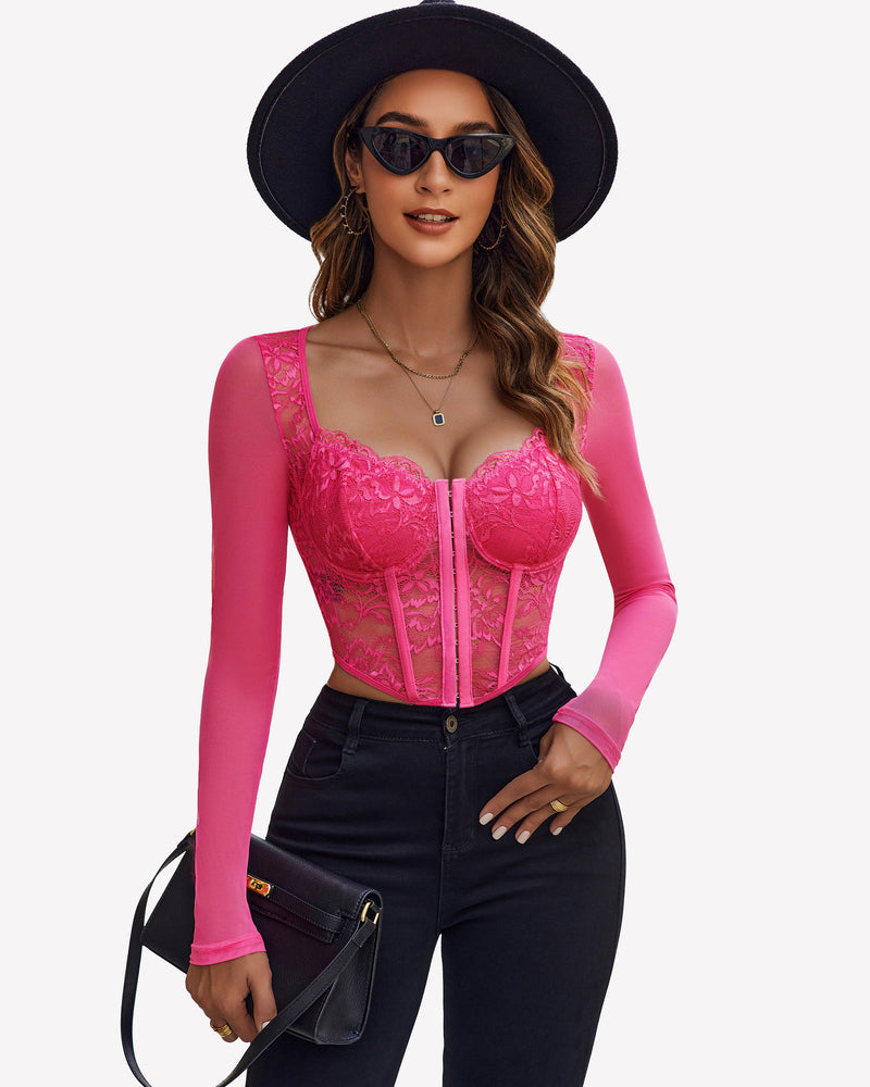 Lace Crop Top Long Sleeve Sheer Blouse Rose Red Lingeries-Crop tops - Tophatter Daily Deals