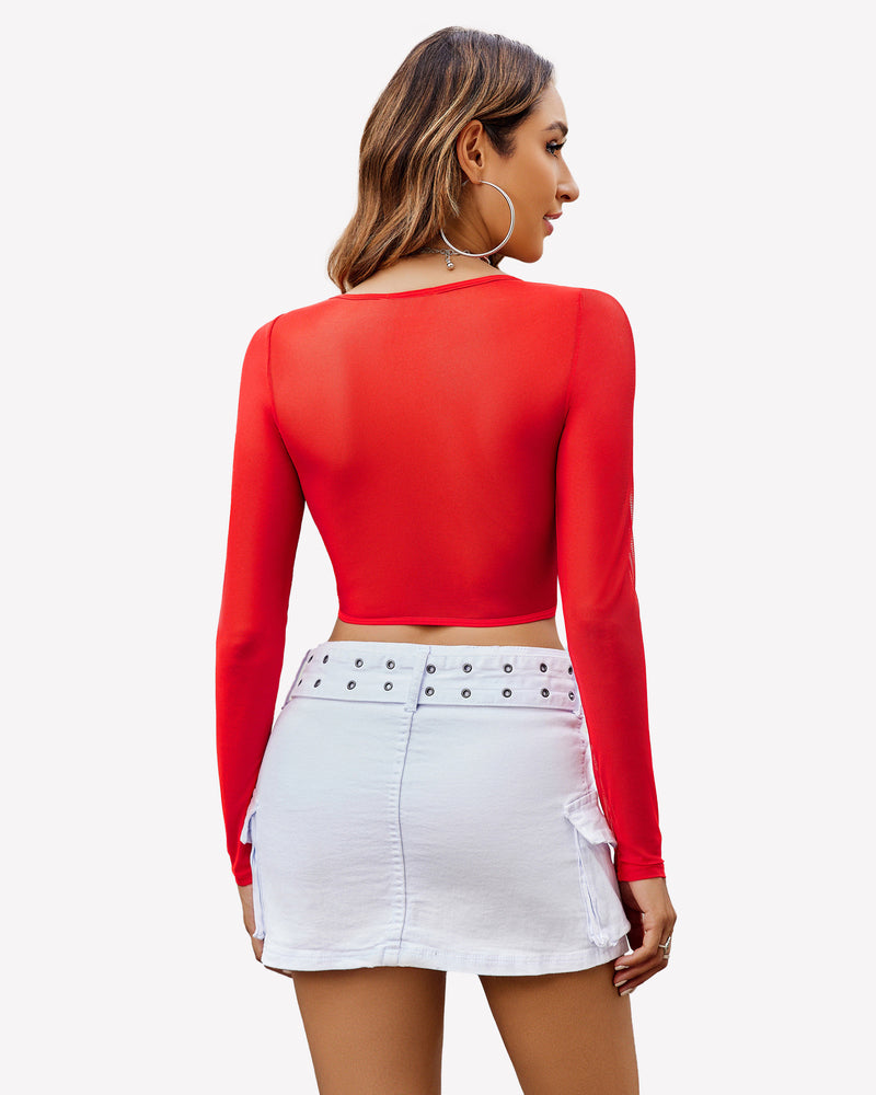 Lace Crop Top Long Sleeve Sheer Blouse Lingeries-Crop tops - Tophatter Daily Deals
