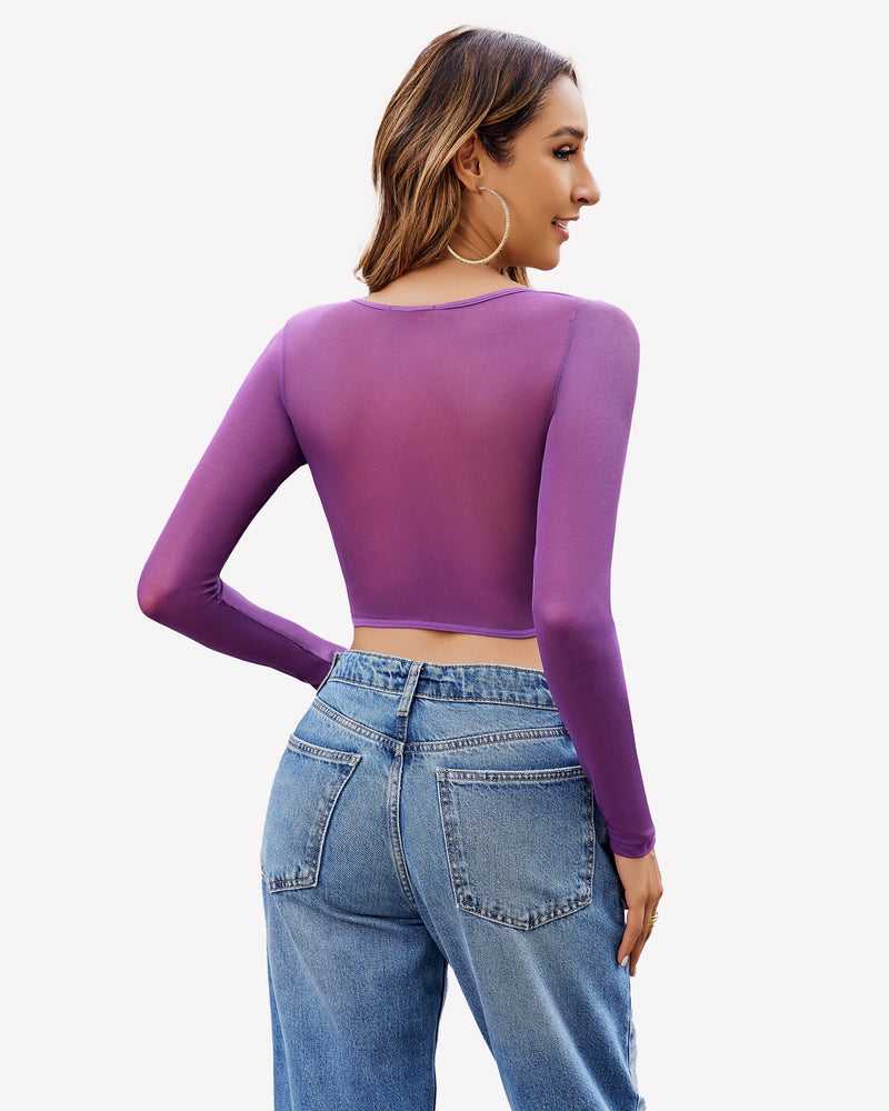 Lace Crop Top Long Sleeve Sheer Blouse Lingeries-Crop tops - Tophatter Daily Deals