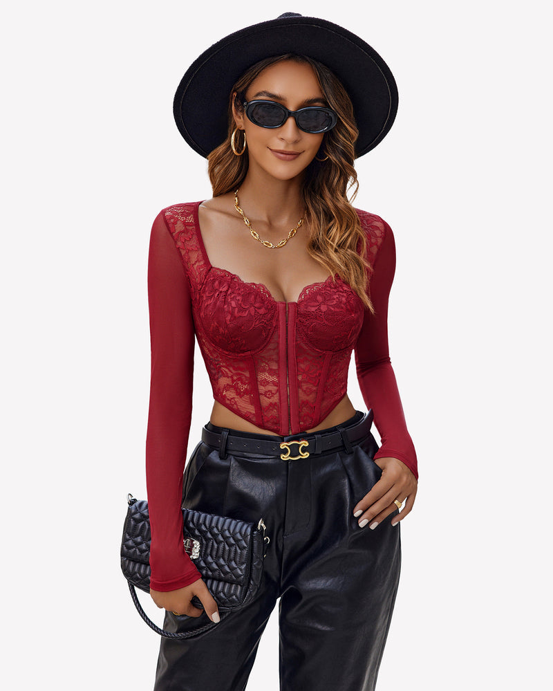 Lace Crop Top Long Sleeve Sheer Blouse Wine Red Lingeries-Crop tops - Tophatter Daily Deals
