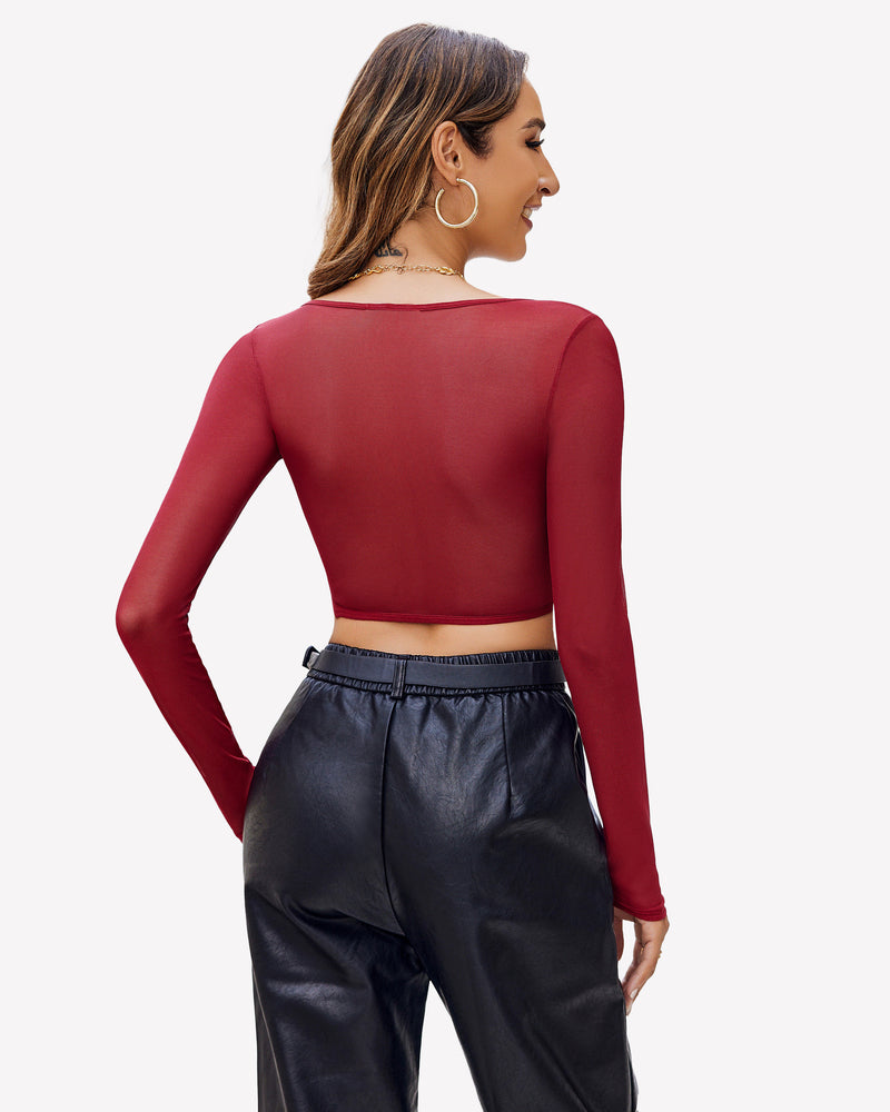 Lace Crop Top Long Sleeve Sheer Blouse Lingeries-Crop tops - Tophatter Daily Deals