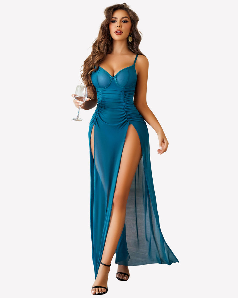 Mesh Floral Slit Pleated Dress with Underwire Sleepwears-nightgowns - Tophatter Daily Deals