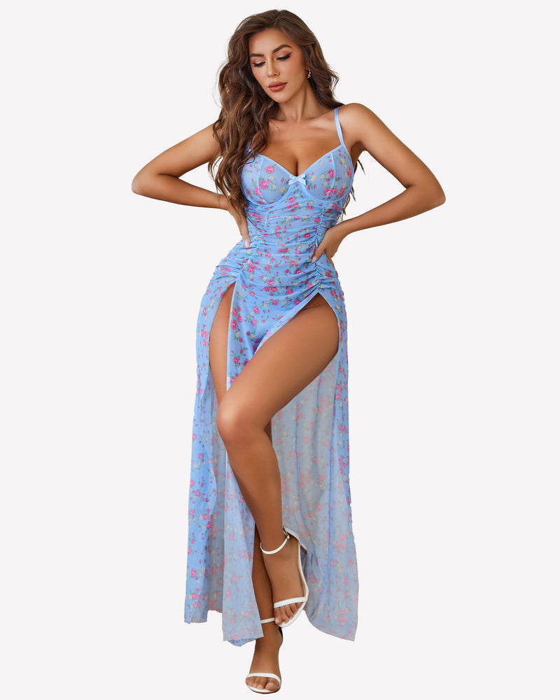 Mesh Floral Slit Pleated Dress with Underwire Sleepwears-nightgowns - Tophatter Daily Deals