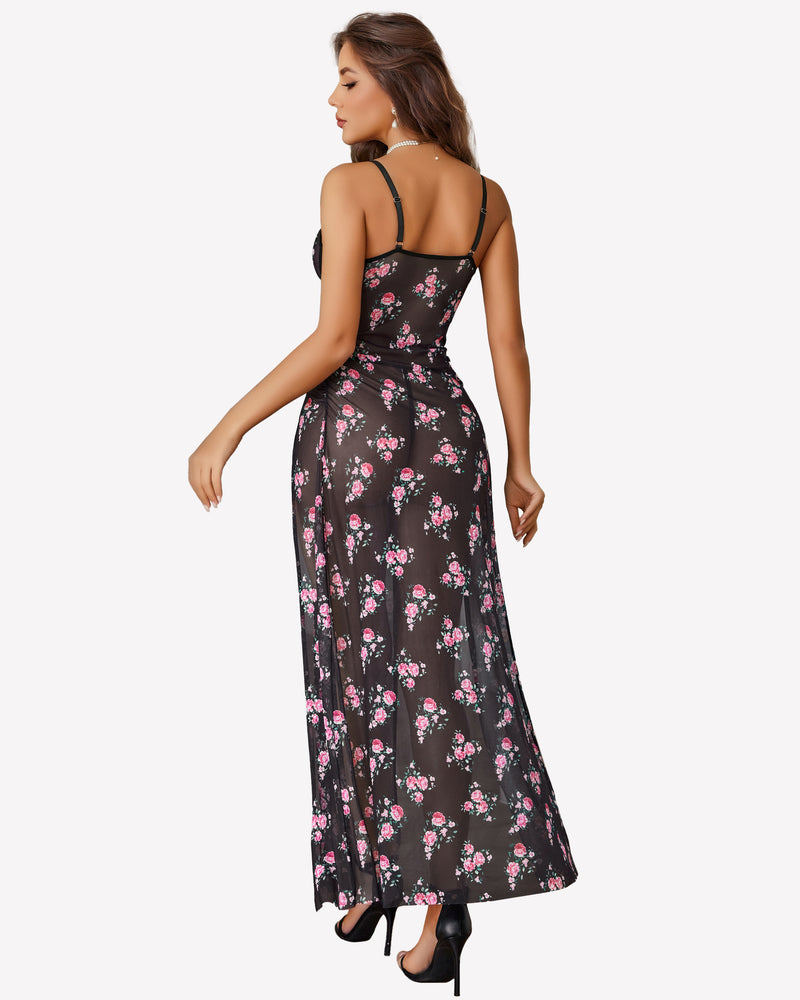 Mesh Floral Slit Pleated Dress with Underwire Sleepwears-nightgowns - Tophatter Daily Deals