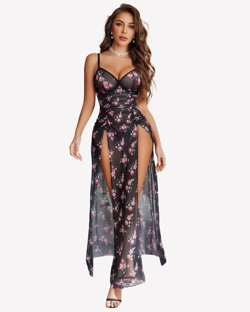 Mesh Floral Slit Pleated Dress with Underwire Floral Black Sleepwears-nightgowns - Tophatter Daily Deals