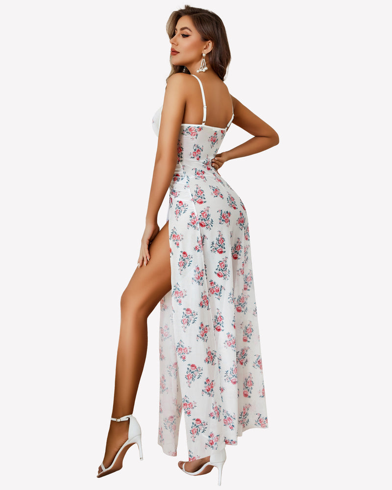 Mesh Floral Slit Pleated Dress with Underwire Sleepwears-nightgowns - Tophatter Daily Deals