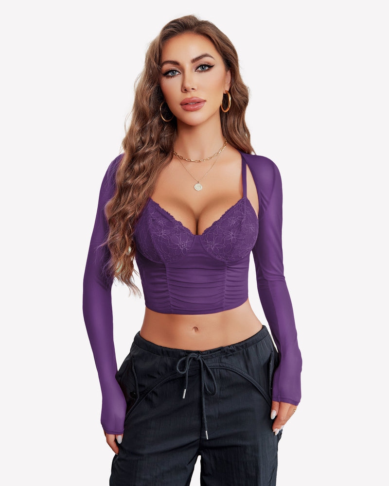 Mesh Crop Top 2 Pieces Sets Purple Lingeries-Crop tops - Tophatter Daily Deals