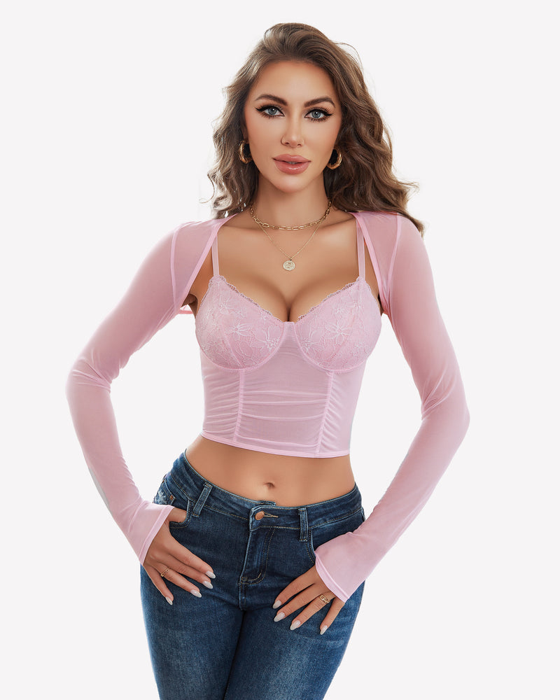 Mesh Crop Top 2 Pieces Sets Dark Pink Lingeries-Crop tops - Tophatter Daily Deals