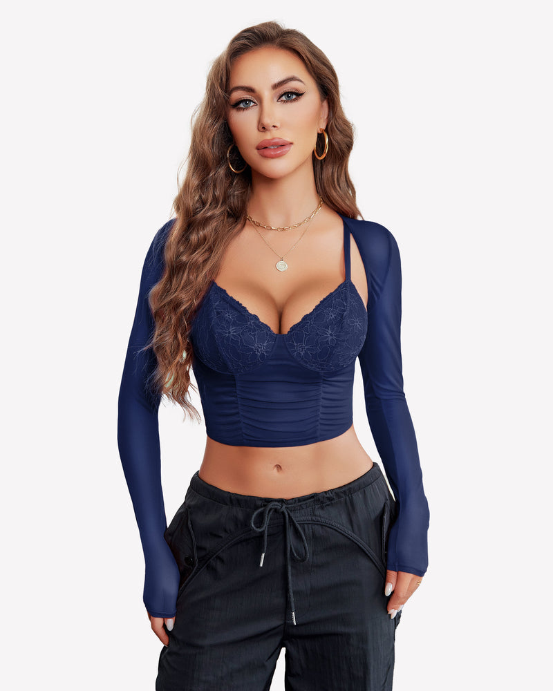 Mesh Crop Top 2 Pieces Sets Navy Blue Lingeries-Crop tops - Tophatter Daily Deals