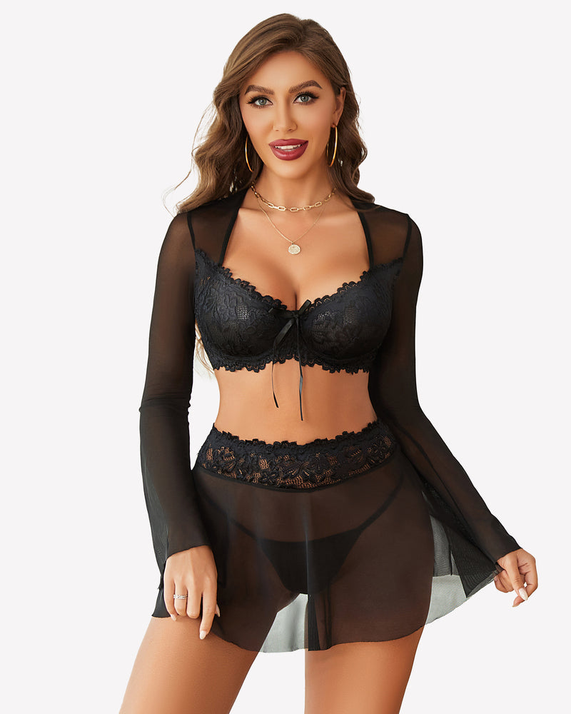 Contrast Lace Mesh Lingerie Set Black Lingerie Sets-Skirt Sets - Tophatter Daily Deals