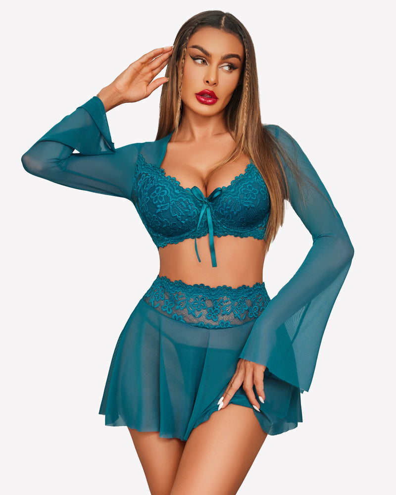 Contrast Lace Mesh Lingerie Set Blue Green Lingerie Sets-Skirt Sets - Tophatter Daily Deals