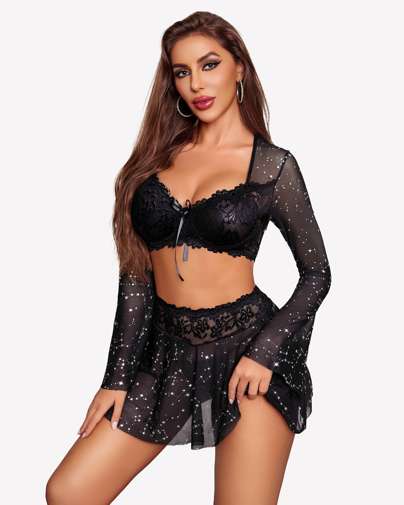 Contrast Lace Mesh Lingerie Set Star Lingerie Sets-Skirt Sets - Tophatter Daily Deals