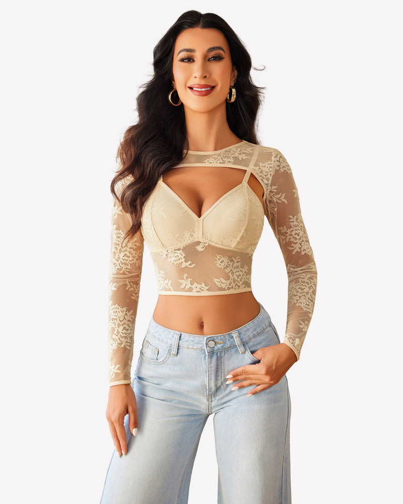 Lace Cami Top with Shrug Champagne Lingeries-Crop tops - Tophatter Daily Deals