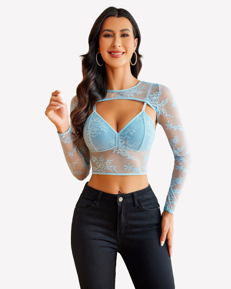 Lace Cami Top with Shrug Light Blue Lingeries-Crop tops - Tophatter Daily Deals