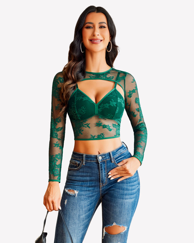 Lace Cami Top with Shrug Green Lingeries-Crop tops - Tophatter Daily Deals