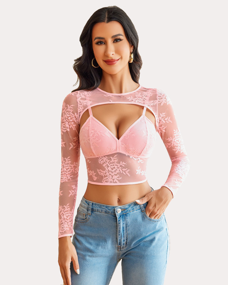 Lace Cami Top with Shrug Pink Lingeries-Crop tops - Tophatter Daily Deals