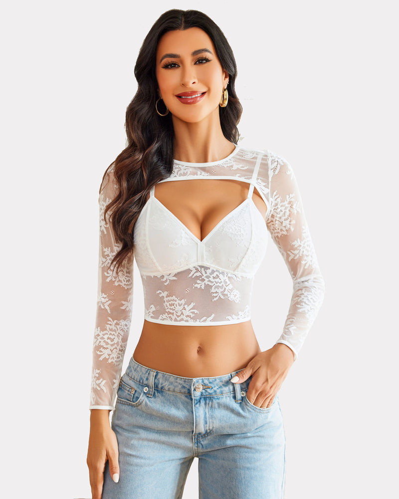 Lace Cami Top with Shrug White Lingeries-Crop tops - Tophatter Daily Deals