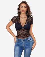 Lace Tops Short Sleeve Mesh Shirts Black Lingeries-Crop tops - Tophatter Daily Deals