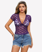 Lace Tops Short Sleeve Mesh Shirts Purple Lingeries-Crop tops - Tophatter Daily Deals