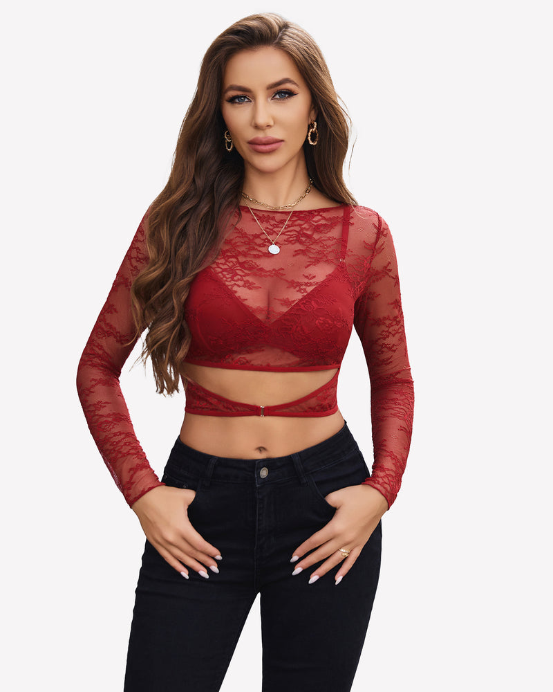 Mesh See Through Shirt with Bra Wine Red Lingeries-Crop tops - Tophatter Daily Deals