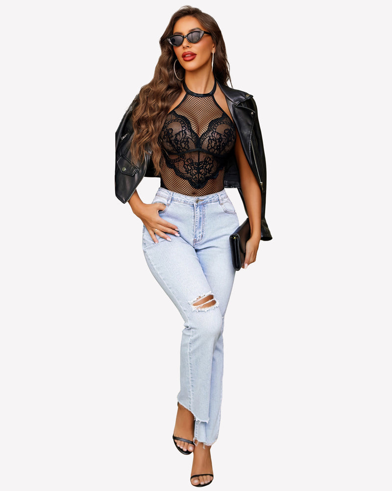 Mesh One Piece Halter Teddy Lingeries-Bodysuits - Tophatter Daily Deals