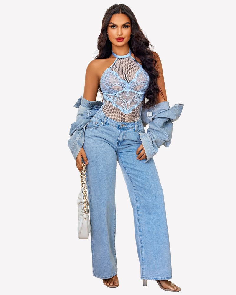 Mesh One Piece Halter Teddy Lingeries-Bodysuits - Tophatter Daily Deals