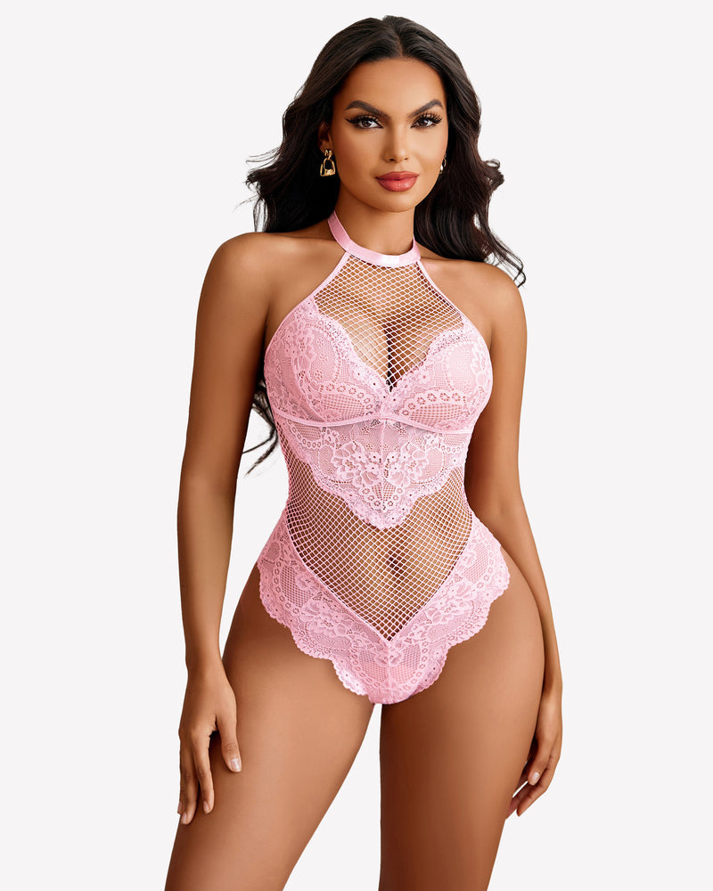 Mesh One Piece Halter Teddy Pink Lingeries-Bodysuits - Tophatter Daily Deals