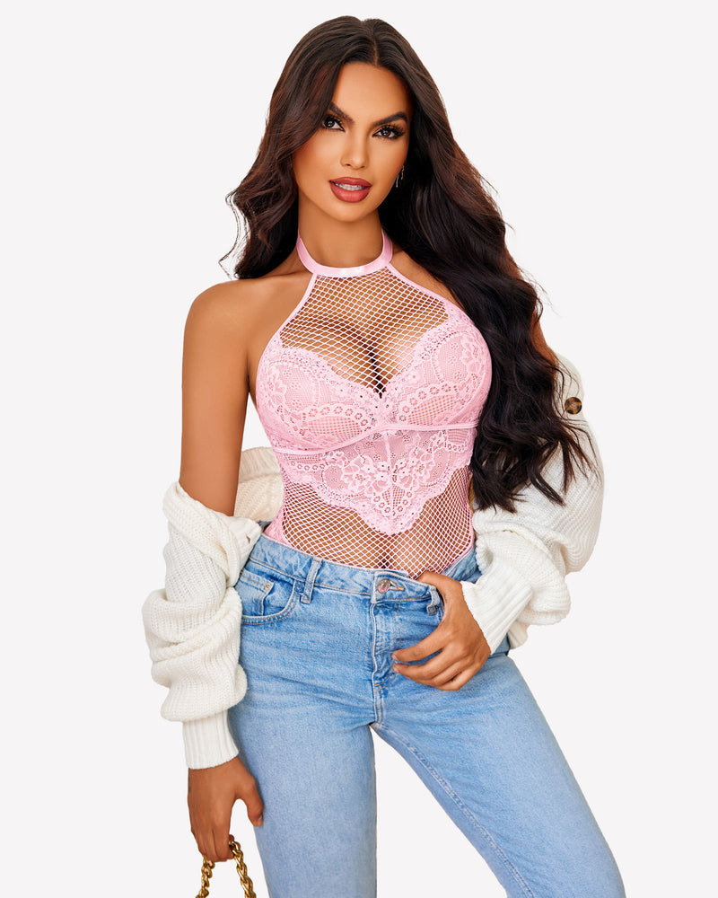 Mesh One Piece Halter Teddy Lingeries-Bodysuits - Tophatter Daily Deals