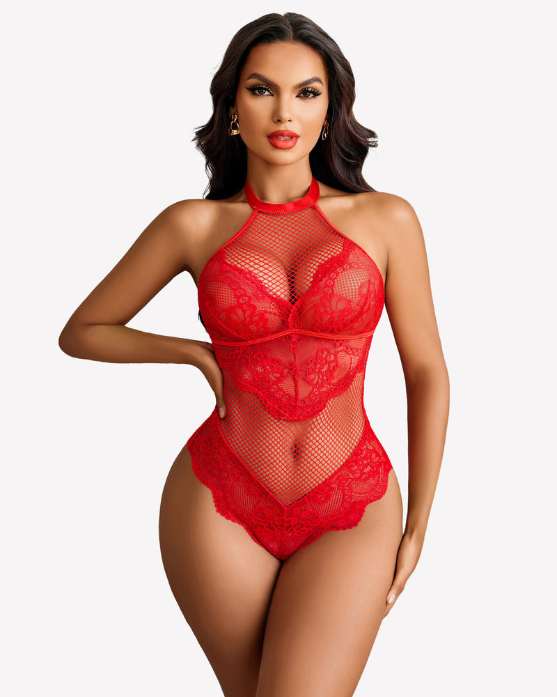 Mesh One Piece Halter Teddy Red Lingeries-Bodysuits - Tophatter Daily Deals